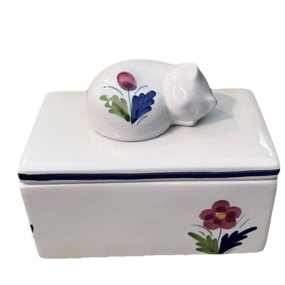 ELPA Alcobaca Ceramic Keepsake Trinket Box Cat On Top Flowers Portugal Kitten